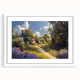 White-framed wall art collection showcasing a serene countryside landscape with vibrant greenery and rolling hills, perfect for home decor or office ambiance.