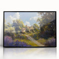 Framed acrylic wall art showcasing a serene countryside landscape design, featuring vibrant green fields, a clear blue sky, and a black frame, ideal for home decor.