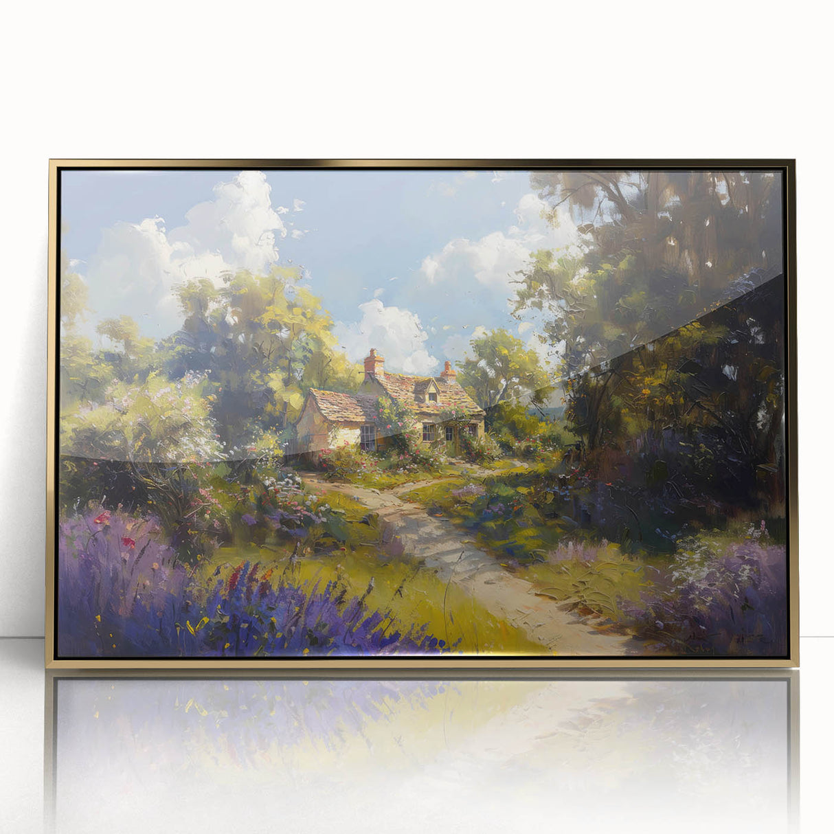 Framed wall art featuring a serene countryside landscape design with vibrant green fields and golden accents, perfect for enhancing home decor.