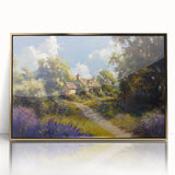 Framed wall art featuring a serene countryside landscape design with vibrant green fields and golden accents, perfect for enhancing home decor.