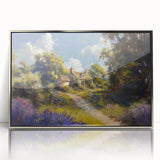 Framed wall art collection depicting a serene countryside landscape in vibrant colors, featuring a silver-acrylic frame that enhances its modern aesthetic. Perfect for home decor.