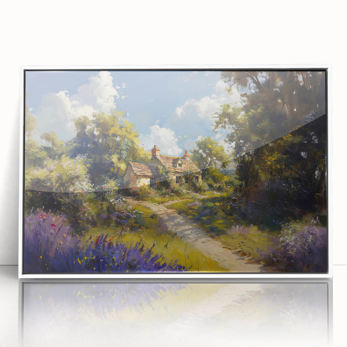Framed acrylic wall art showcasing a serene countryside landscape with lush greenery and a tranquil sky, designed for modern home decor.