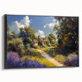Framed canvas wall art showcasing a serene countryside landscape design with vibrant colors, featuring a black frame and side view for display. Ideal for home decor.