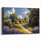 Framed canvas wall art showcasing a serene countryside landscape design with vibrant colors, featuring a black frame and side view for display. Ideal for home decor.