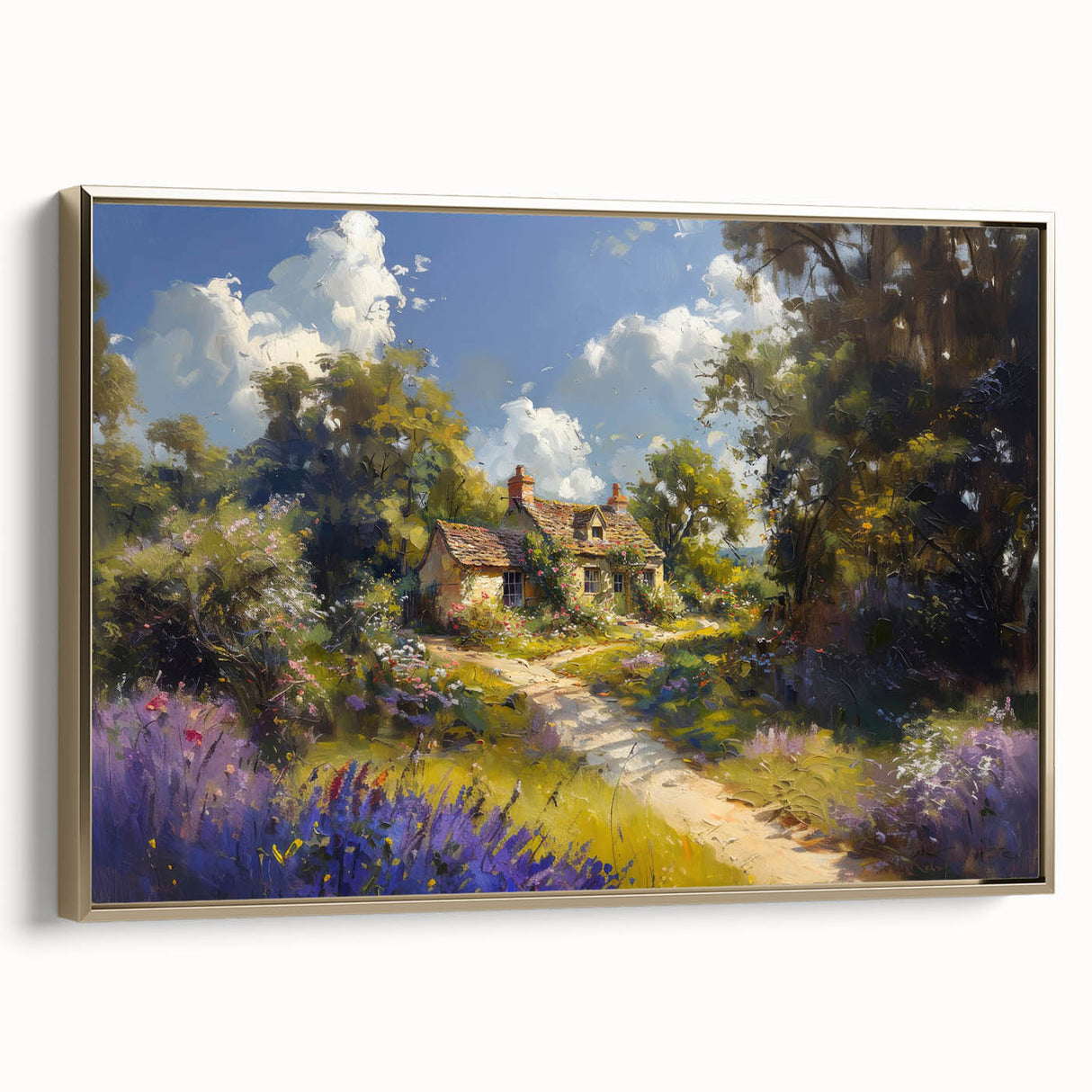 Framed landscape wall art depicting a serene countryside scene, featuring lush green fields and soft golden hues, ideal for home decoration and ambiance enhancement.