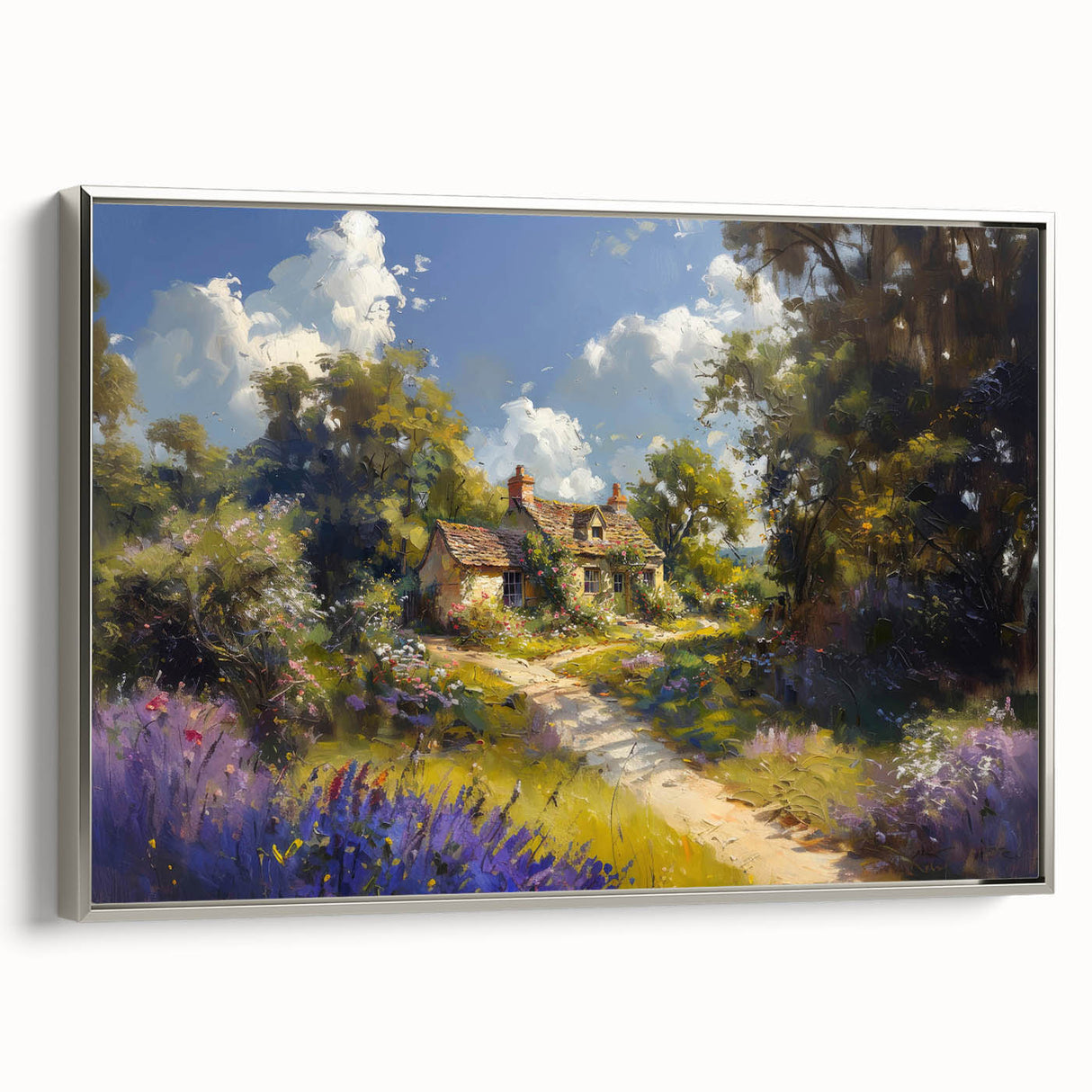 Framed canvas wall art depicting a serene countryside landscape, showcasing vibrant greens and soft blues, with a silver frame enhancing its elegance, ideal for home decor.