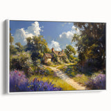 Framed canvas wall art depicting a serene countryside landscape with vibrant greenery and a tranquil sky, showcasing the beauty of nature in home decor.