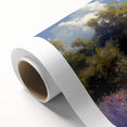 Rolled canvas artwork showcasing a serene countryside landscape with vibrant green fields and a clear blue sky, designed to enhance home decor.