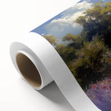 Rolled canvas artwork showcasing a serene countryside landscape with vibrant green fields and a clear blue sky, designed to enhance home decor.
