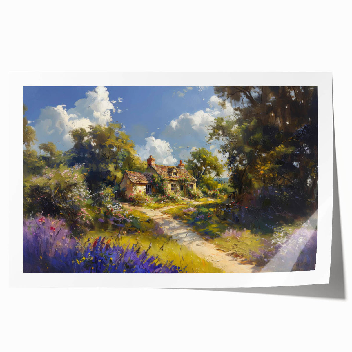 Colorful rolled canvas wall art depicting a serene countryside landscape with rolling hills and a vibrant sky, packaged securely in a protective tube for easy transport.