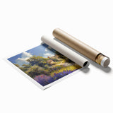 Rolled print of a serene countryside landscape featuring lush green fields and rolling hills, designed for wall art collection, elegantly packaged in a protective tube. Perfect for home decor enthusiasts seeking nature-inspired artwork to enhance their living space.