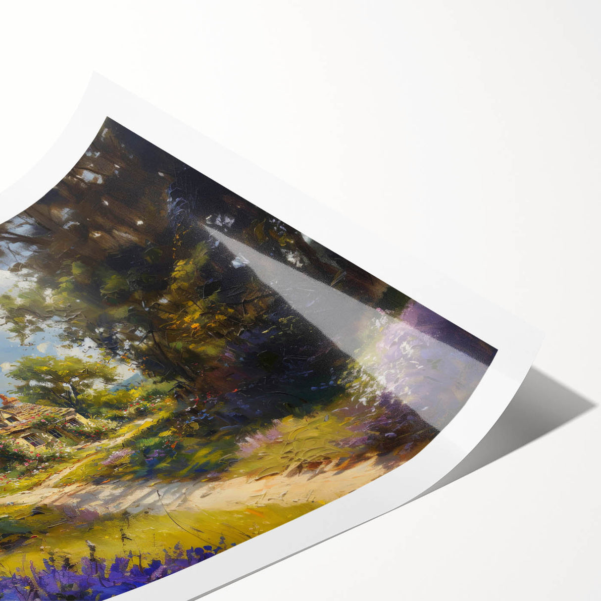 Rolled print of a serene countryside landscape featuring rolling green hills and a vibrant sunset, perfect for home decor or art collections, packaged securely for delivery.