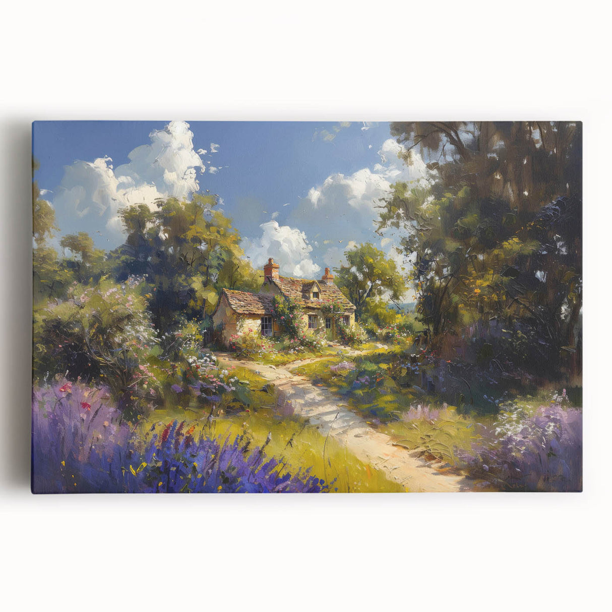Stretched canvas wall art showcasing a serene countryside landscape with vibrant green fields, a clear blue sky, and rolling hills, perfect for home decor.