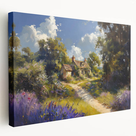 Stretched canvas wall art showcasing a serene countryside landscape with vibrant greens and blues, perfect for home decor or office ambiance.