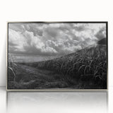 Framed acrylic wall art showcasing a serene countryside landscape with vibrant green fields and a clear blue sky, enhancing home decor with a touch of nature.