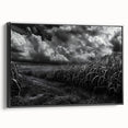 Framed canvas wall art showcasing a serene countryside landscape with lush greenery and rolling hills, presented in a sleek black frame, perfect for home décor.