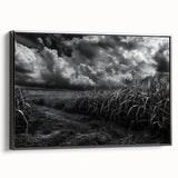 Framed canvas wall art showcasing a serene countryside landscape with lush greenery and rolling hills, presented in a sleek black frame, perfect for home décor.