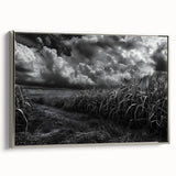 Framed canvas artwork showcasing a serene countryside landscape with lush greenery, vibrant colors, and a silver frame, perfect for home decor.