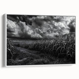 Framed canvas wall art depicting a serene countryside landscape with vibrant greenery, rolling hills, and a clear blue sky, ideal for home decor.