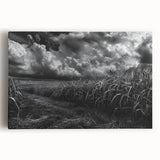 Stretched canvas wall art depicting a serene countryside landscape, showcasing lush green fields, rolling hills, and a clear blue sky, perfect for home decor.