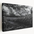 Stretched canvas wall art showcasing a serene countryside landscape design, featuring vibrant greens and blues, ideal for enhancing home decor aesthetics.