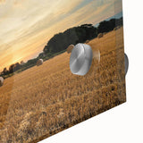 Close-up of a vibrant acrylic wall art piece depicting a serene countryside landscape, showcasing lush green fields and a clear blue sky, perfect for home decor.