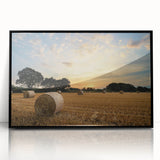 Framed acrylic wall art showcasing a serene countryside landscape design, featuring vibrant greens and blues, with a sleek black frame, ideal for home decor.