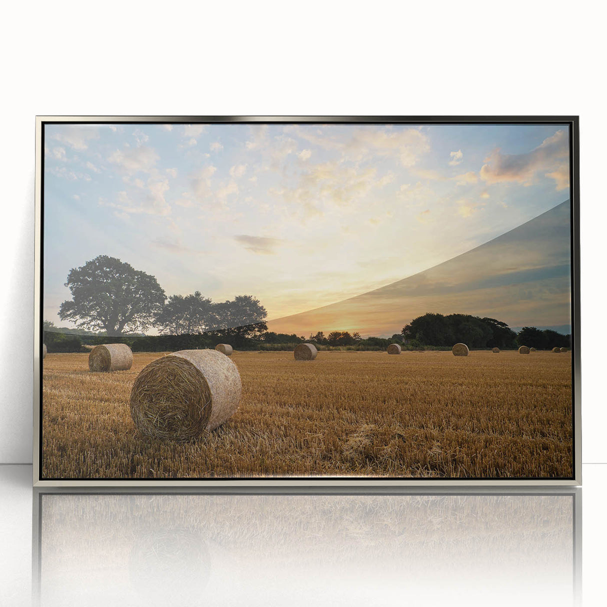 Framed acrylic wall art showcasing a serene countryside landscape with vibrant colors, elegantly displayed in a silver frame, perfect for home decor.
