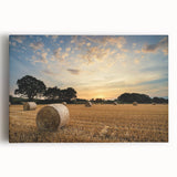 Stretched canvas wall art showcasing a serene countryside landscape design with vibrant green fields and a blue sky, perfect for home decor.