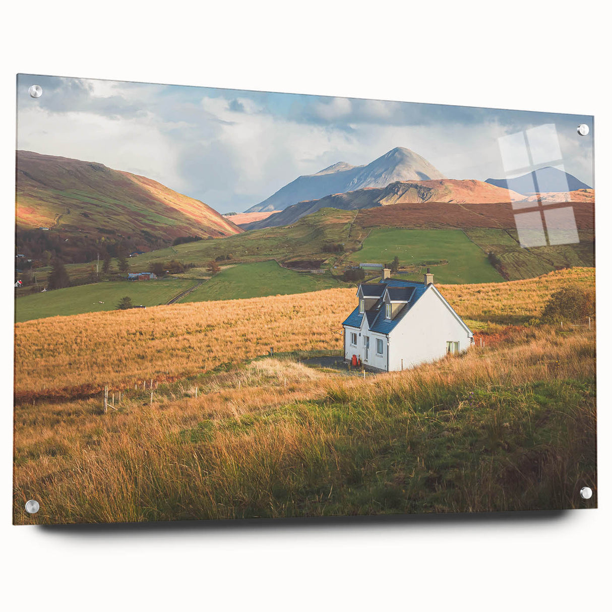 Acrylic glass wall art collection showcasing a vibrant countryside landscape design with colorful rolling hills and a serene sky, displayed in a stylish side view with decorative pins. Ideal for enhancing home decor with nature-inspired aesthetics.