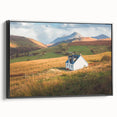 Framed canvas wall art showcasing a serene countryside landscape design in vibrant colors, featuring a black frame and side view, perfect for home decor.