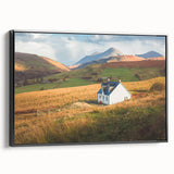 Framed canvas wall art showcasing a serene countryside landscape design in vibrant colors, featuring a black frame and side view, perfect for home decor.