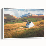 Framed canvas wall art collection showcasing serene countryside landscapes with vibrant colors. Side view highlights the elegant white frame, perfect for home decor.