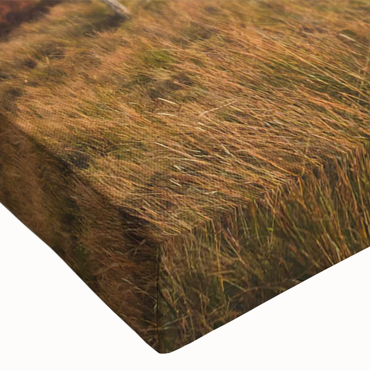 Close-up of a stretched canvas featuring a serene countryside landscape wall art design, showcasing vibrant green fields and a tranquil blue sky, perfect for home decor.