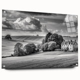 Acrylic glass wall art collection showcasing a vibrant countryside landscape design, featuring a side view with decorative pins, perfect for home decor and interior design enthusiasts.