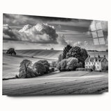 Acrylic glass wall art collection showcasing a serene countryside landscape design, framed elegantly in a side view without pins, ideal for home decor.