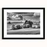 Framed wall art collection showcasing a picturesque countryside landscape design, featuring a sleek black frame and matting, ideal for home décor enhancement.