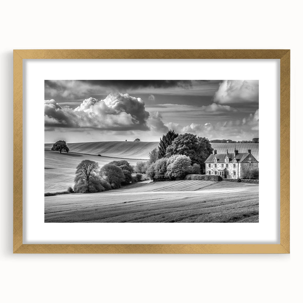 Framed wall art collection showcasing serene countryside landscapes, featuring a gold mat and elegant frame, ideal for enhancing home decor with nature-inspired aesthetics.