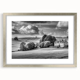 Framed wall art collection showcasing serene countryside landscapes with a silver mat and elegant frame, perfect for enhancing home decor and adding tranquility.