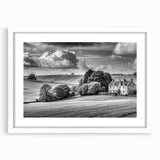 Framed wall art showcasing a serene countryside landscape design, featuring vibrant greens and blues, elegantly matted in white, ideal for enhancing home decor.