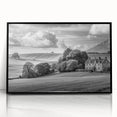 Framed acrylic wall art showcasing a serene countryside landscape with vibrant green fields and a clear blue sky, designed to enhance home decor aesthetics.