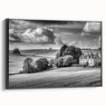 Framed canvas wall art showcasing a serene countryside landscape design, featuring vibrant greens and blues, with a sleek black frame enhancing its modern aesthetic. Ideal for home decor, this artwork evokes tranquility and connection to nature.