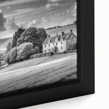 Framed canvas wall art showcasing a vibrant countryside landscape design, highlighting lush green fields, rolling hills, and a serene blue sky, perfect for home decor.