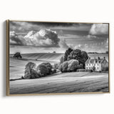 Framed canvas wall art showcasing a serene countryside landscape with golden accents, designed to enhance home decor. The piece features lush greenery and a tranquil sky, perfect for creating a calming atmosphere in any room.