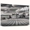 Acrylic glass wall art featuring a vibrant countryside landscape design, showcased from a side view with decorative pins, ideal for home decor enhancement.