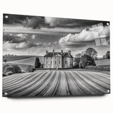 Acrylic glass wall art featuring a vibrant countryside landscape design, showcased from a side view with decorative pins, ideal for home decor enhancement.