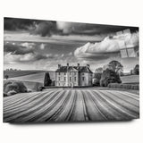 Acrylic glass wall art design showcasing a serene countryside landscape with vibrant greens and soft blues, elegantly framed, ideal for home decor.