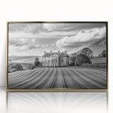 Framed acrylic artwork showcasing a serene countryside landscape design with vibrant colors, gold accents, and a modern aesthetic, ideal for enhancing home decor.
