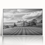 Framed wall art featuring a serene countryside landscape design with vibrant colors, set in a sleek white frame, perfect for home decor and enhancing interiors.
