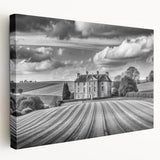 Stretched canvas wall art featuring a serene countryside landscape with rolling hills, vibrant greenery, and a clear blue sky, perfect for home decor.
